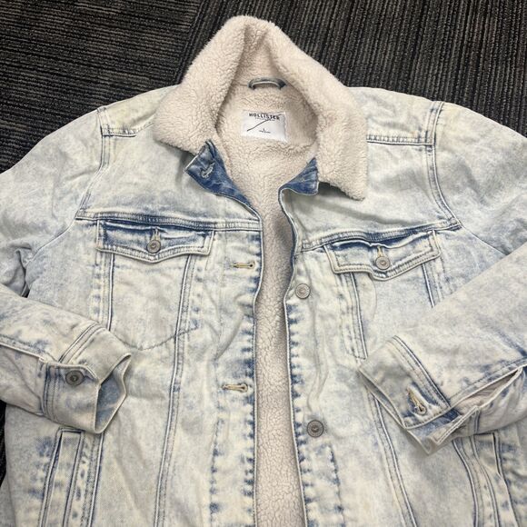 HOLLISTER Women’s Sherpa Lined Acid Wash Denim Boyfriend Jacket Blue Size Large - Picture 4 of 12